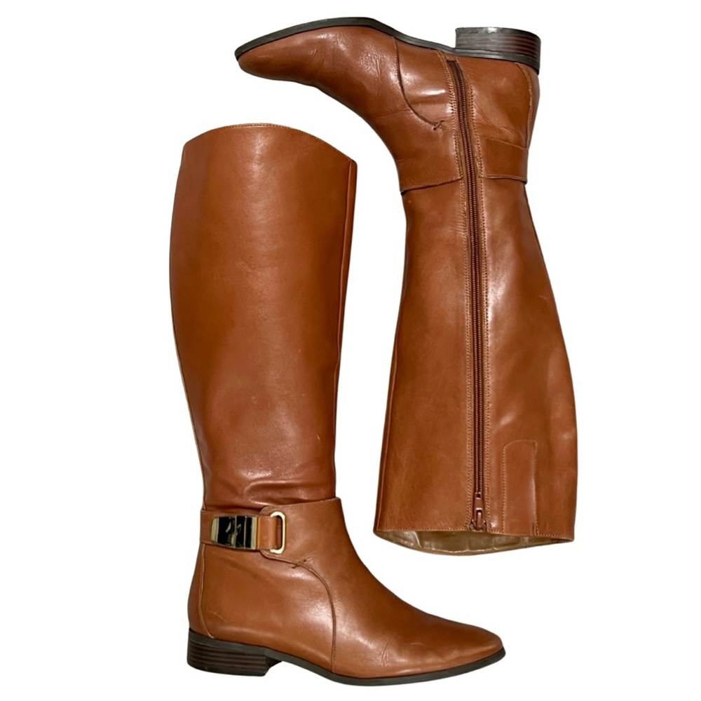 Nine West Tall Boots Hailene Genuine Leather Riding Brown Gold Buckle 7.5